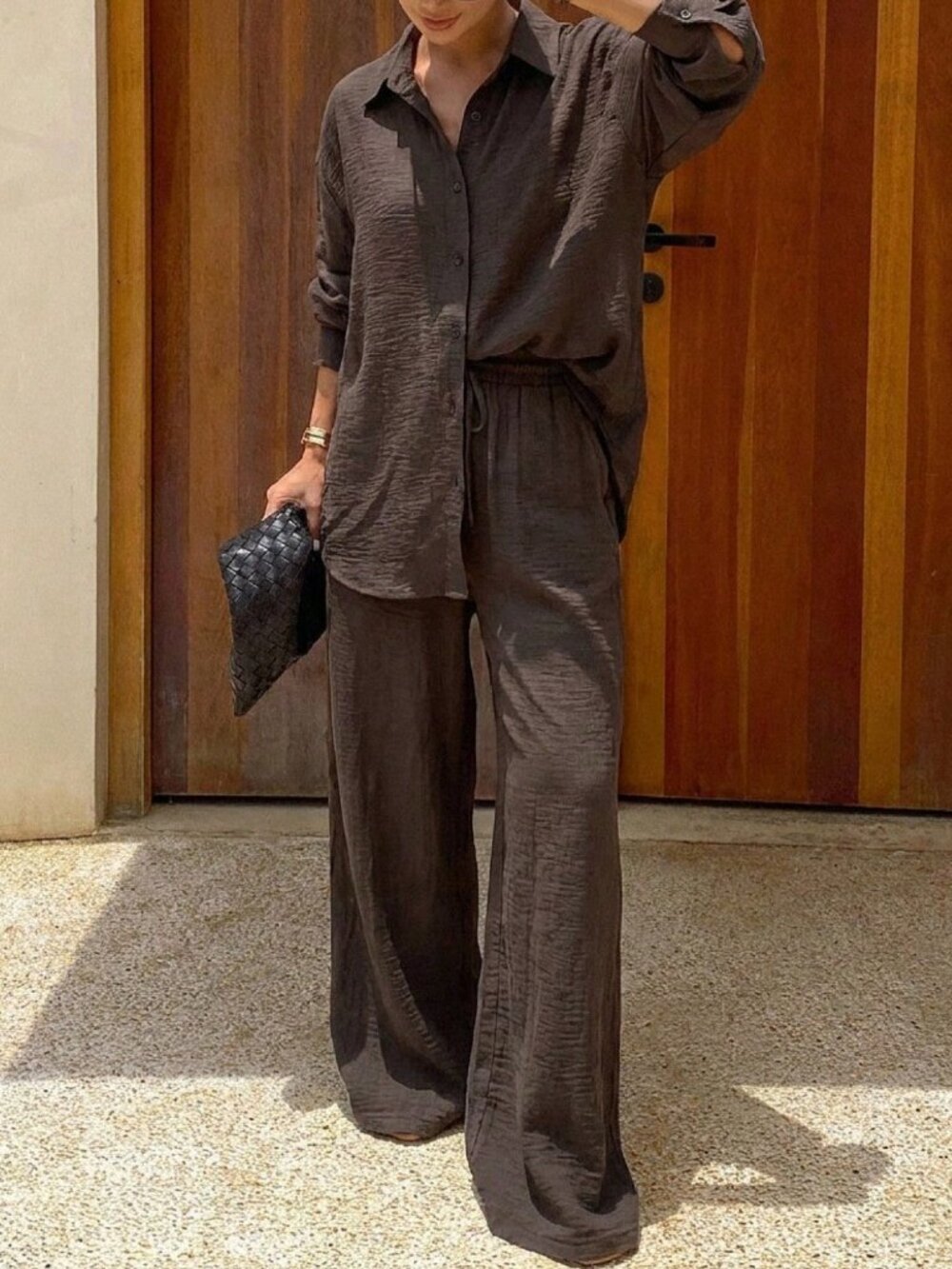 Coffee Brown Casual Women's Loose Striped Set